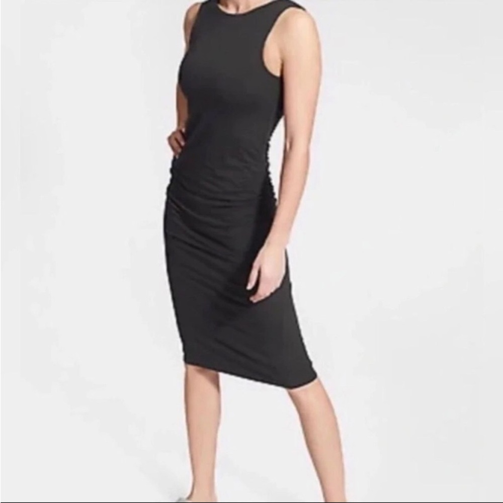 Athleta Womens L Black Modal Tank bra Midi Dress with Ruching, Sporty, Athletic